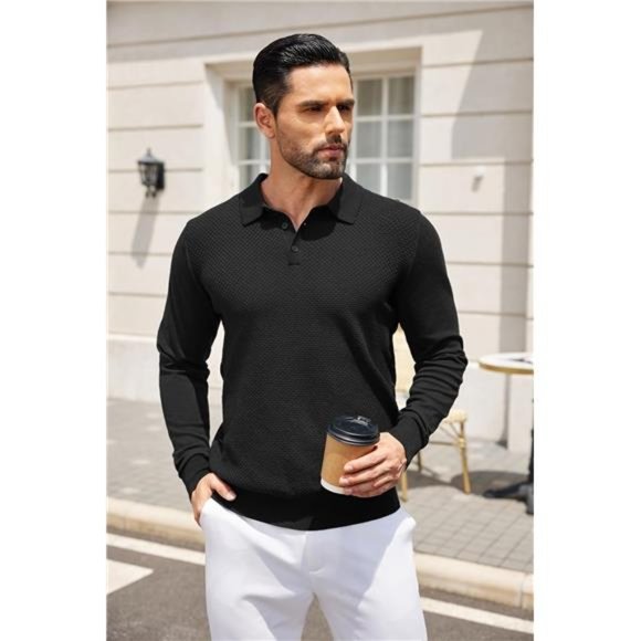 Men's Knit Polo Sweater Long Sleeve Casual Collared Quarter Button - Picture 3 of 5